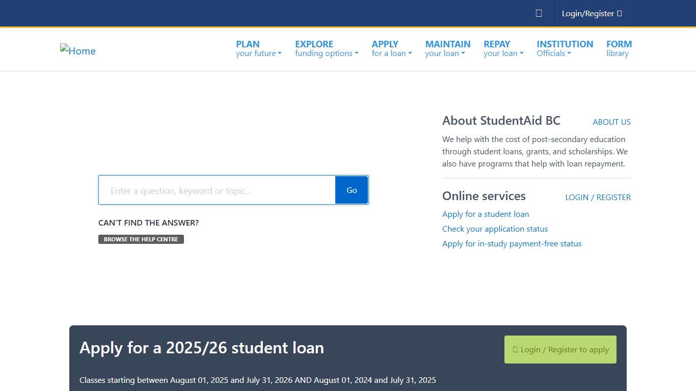SABC home page StudentAid BC